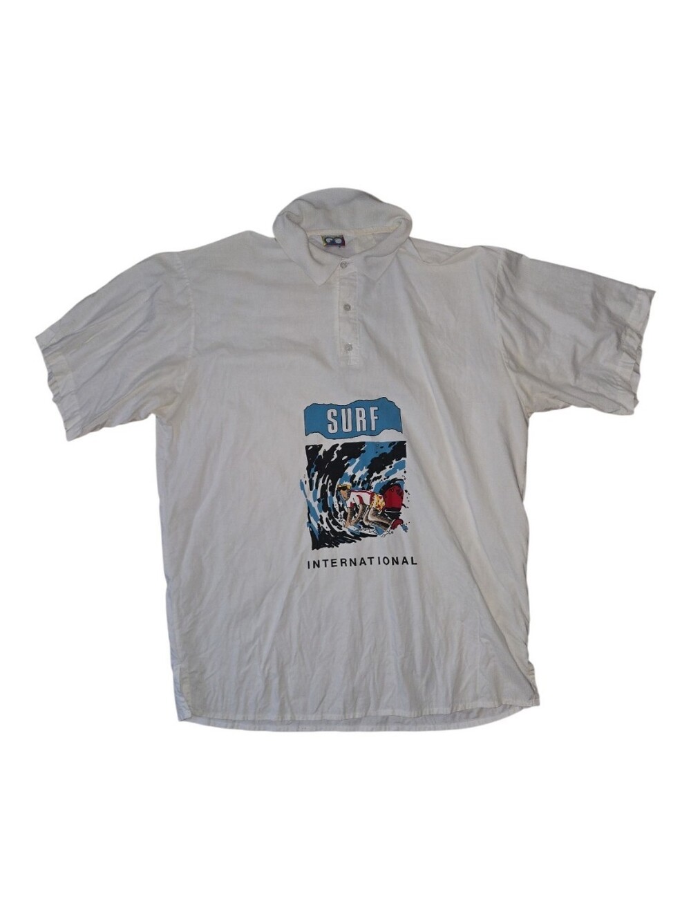 Vintage Generation One White Polo with Blue Surf Graphic and Red Accent